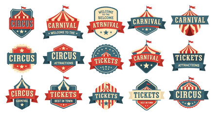 Vintage Circus and Carnival Badge Set with Retro Tickets and Big Top Tent Labels © Tharusha