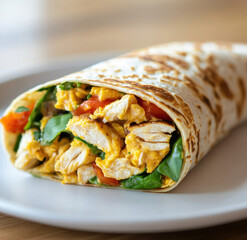 Protein-Packed Breakfast Wrap With Scrambled Eggs And Greens On White Plate
