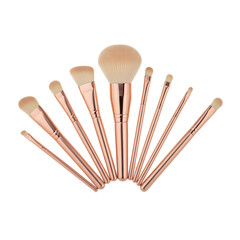 Professional makeup brush set with soft bristles and metallic handles, cosmetic beauty tools collection isolated on transparent background for makeup, fashion, and beauty concepts