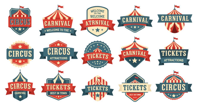 Vintage Circus and Carnival Badge Set with Retro Tickets and Big Top Tent Labels