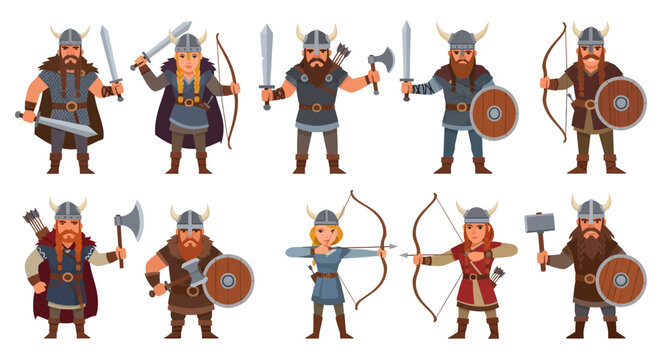 Viking Warrior and Archer Set with Medieval Barbarian Characters Holding Swords Axes and Bows