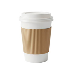 Disposable coffee cup with cardboard sleeve, minimal takeaway hot drink container for cafe, barista and beverage branding isolated on black background