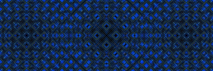 Panoramic geometric background with bright blue neon diamonds pattern.