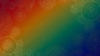 Vibrant rainbow gradient background with intricate floral and mandala outline patterns