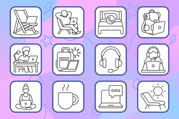 Remote work set icon. Laptop, headset, desk, chair, coffee, backpack, vacation, sofa, messaging, teamwork, freelancer, communication, workspace, comfort.