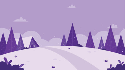 Minimalist purple winter scenery illustration featuring a cabin, pine trees, and snowy land suitable for Christmas, promotions, December events, wallpaper, and seasonal holiday.
