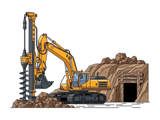 Heavy Duty Mining Excavator with Drilling Auger Machine Illustration