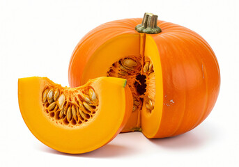 A whole fresh orange pumpkin and a bright cut slice revealing its seeds are perfectly isolated  on white background 