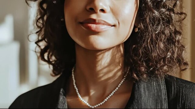A close-up portrait of a woman with curly hair wearing pearl jewelry.