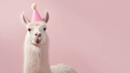 Naklejka premium A funny llama wearing a pink holiday hat with a pom-pom on a solid pink background. For themes related to birthdays and parties.