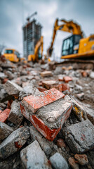 Close-up of construction debris and bricks against the backdrop of excavators and sunset. For topics related to construction, demolition, renovation, machinery, and industry.