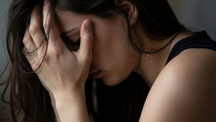 Obraz premium Portrait of depressed woman, covering face with her hands, side view