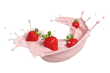 strawberries splashing into pink yogurt or cream, isolated on white background