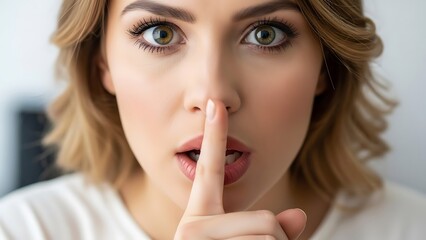 Naklejka premium Finger on lips - silent gesture, Woman holding her finger to her lips in a gesture for silence.