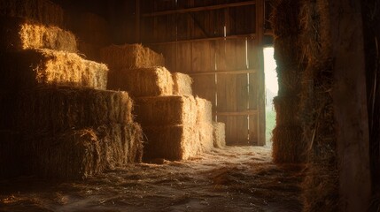 Golden hay bales glow warmly inside a rustic barn evoking peaceful rural agricultural storage scenes