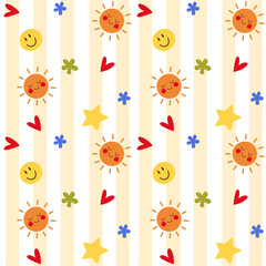 Seamless pattern with smiling suns, hearts, stars, playful elements. Bright striped children's background