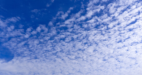 Wide open sky with glowing cloud light. Air and cloud wallpaper concept. Tranquil abstract skyscape design. Wispy clouds sliding across blue. Moving spring clouds in clear sky. Shiny summer sky.