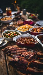 Obraz premium Warm summer barbecue feast glows under a soft sunset creating a cozy backyard dining scene