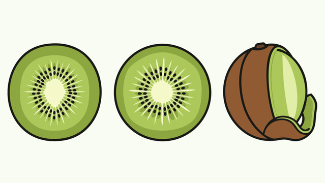 Vibrant vector illustration of fresh kiwi fruit, showcasing slices and a partially peeled piece