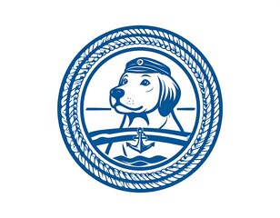 A nautical-themed dog logo, navy blue on white, in a circular frame