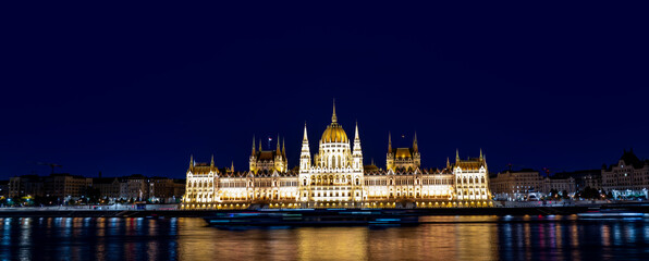 Panorama of Budapest with Danube and Parliament at night. Gothic architectural in Budapest....