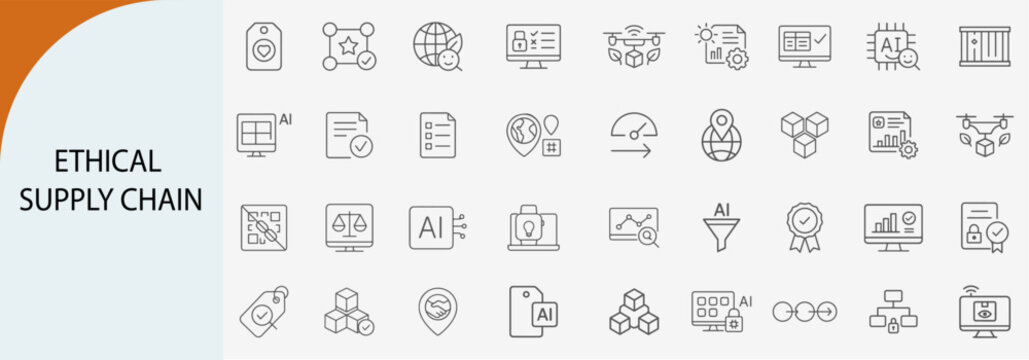 Ethical supply chain icons, representing the concepts of integrity, responsibility, and fairness within global production networks.