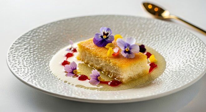 Artful Presentation of Knafeh With Edible Flowers Textured Plate Turkish Cheese Dessert