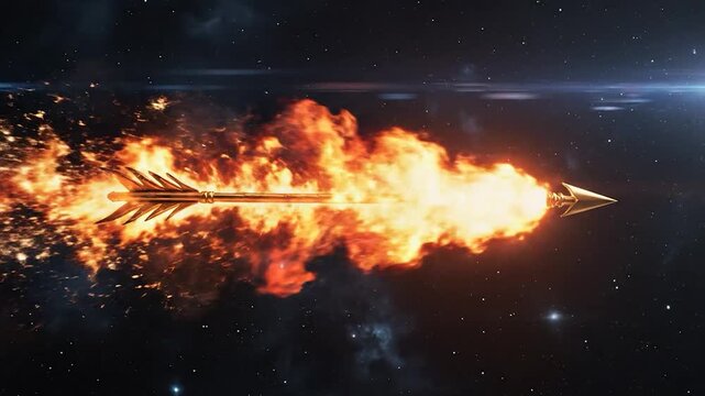 Golden arrow flying with fiery trail through starry space speed and power concept