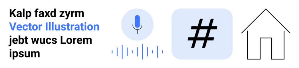 Microphone with sound waves, metadata tag symbol, and a home icon showcasing themes of communication, social connection, and digital interaction. Ideal for apps, tech, networking, home integration
