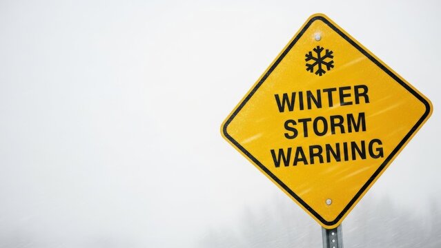 Yellow diamond-shaped warning sign indicating a winter storm warning with a snowflake symbol