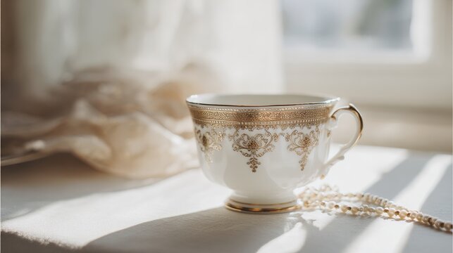 regularizing. Elegant white porcelain teacup with gold filigree patterns, soft window light highlighting delicate details. bar promotions.