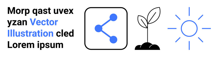 Renewable energy, environmental sustainability, data sharing, eco-growth, innovation, nature conservation. Blue share icon, seedling with soil and sunlight outline. Data sharing and eco-growth