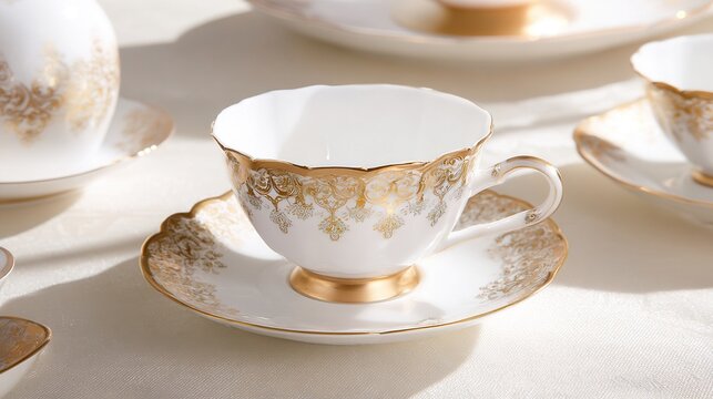 regularizing. Elegant white porcelain teacup with gold filigree patterns, soft window light highlighting delicate details. bar promotions.
