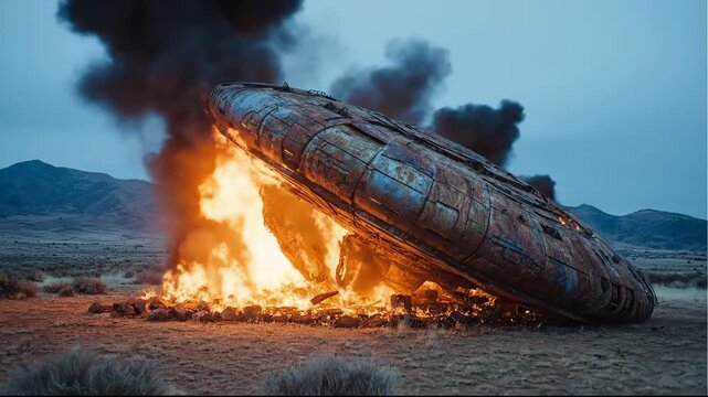 A crashed UFO engulfed in flames and smoke in a desolate landscape.