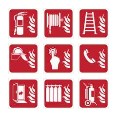 Vector set of universal red safety icons showing firefighting equipment and emergency actions, suitable for signage, evacuation plans, safety manuals, and fire prevention designs