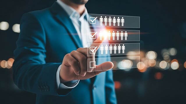 Man in blue suit touching digital screen with people icons and checkboxes image - Powered by Adobe