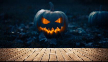 Carved glowing halloween pumpkin placed on dark leaves behind wooden surface, perfect for spooky seasonal greetings and themed designs.