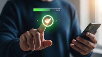 Person touching glowing checkmark icon with progress bar and phone loading bar 50 percent