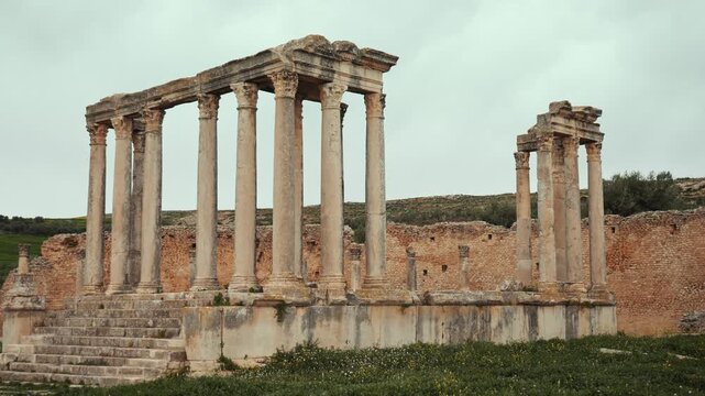 Temple building details of Juno Celestis (Junon Celestis), archaeological site of ancient Roman Dougga, Tunisia. High quality 4k footage