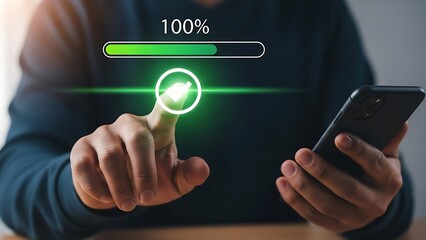 Person touching glowing checkmark icon with progress bar and phone technology completion