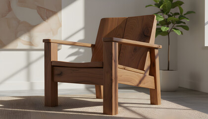Stylish minimalist wooden armchair in a sun-drenched modern interior, highlighting natural light and sleek design for comfortable living and sophisticated home decor