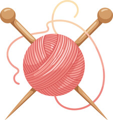 Pink yarn ball with wooden knitting needles and loose threads vector