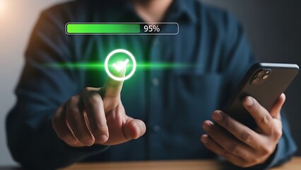 Person touching glowing checkmark icon with progress bar at 95 percent technology loading