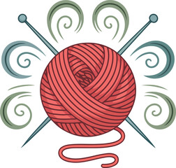 Red yarn ball with knitting needles and swirls vector