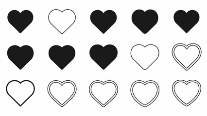 Variety of heart shape icons, including solid and outlined styles, for modern digital interfaces, social media, and conveying likes or affection