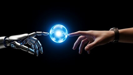 Robot hand and human finger touching glowing blue orb on black glowing orb blue light