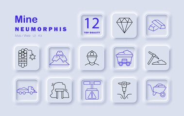 Mine set icon. Dynamite, diamond, miner, cart, gold bars, drill, warning, tunnel, pickaxe, mountain, wheelbarrow, truck extraction of minerals using tools, transport, labor, safety gear.