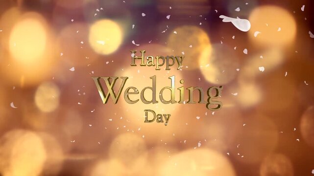 結婚式の背景　キラキラ輝くキャンドルの光の丸ボケにHappy Wedding Dayの3dテキスト　光を反射する文字の表面　舞い散る花びらフラワーシャワー　ウエディングパーティー・オープニング・タイトル・お祝いの背景