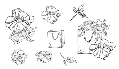 Various vector outlines elements for gift and flower arrangements with roses, bow, and shopping bag. Holiday present design for birthday or Valentines Day. Black white linear drawing for Women's Day.