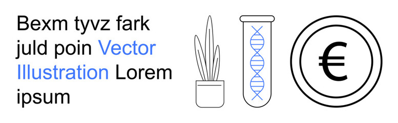 Biotechnology, finance, biology, eco-friendliness, genetics, nature. A DNA helix in a test tube, a potted plant and a Euro currency symbol. Biotechnology and finance concept